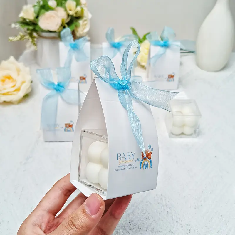 b3 Scented Bubble Candles Set, Soy Wax Cube Candles, Aesthetic Room Decor, Small Scented Bubble Candles with Acrylic Boxes Blue Chiffon Ribbon Tags and Blue Bear Card, Party Decorations Tables Centerpieces, Baby Shower Gender Reveal Party Favors - Image 1